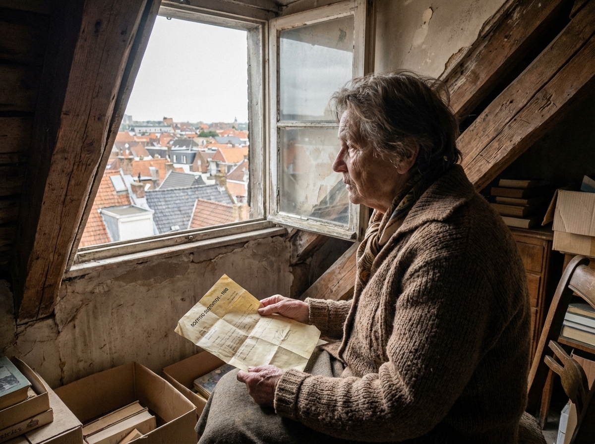 Femme âgée regardant un toit historique depuis une fenêtre