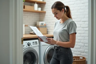 Femme lisant la notice d'un lave-linge Whirlpool 6ème sens dans une buanderie moderne