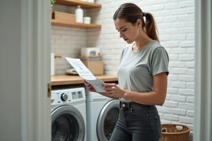 Femme lisant la notice d'un lave-linge Whirlpool 6ème sens dans une buanderie moderne