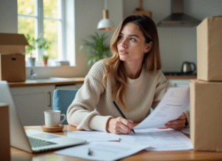 Déménagement : Qui prévenir ? Démarches administratives à suivre Femme organisée remplissant des papiers administratifs à la maison