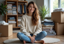 Déménagement : comment trier efficacement avant le jour J ? Femme assise sur le sol avec des vêtements organisés