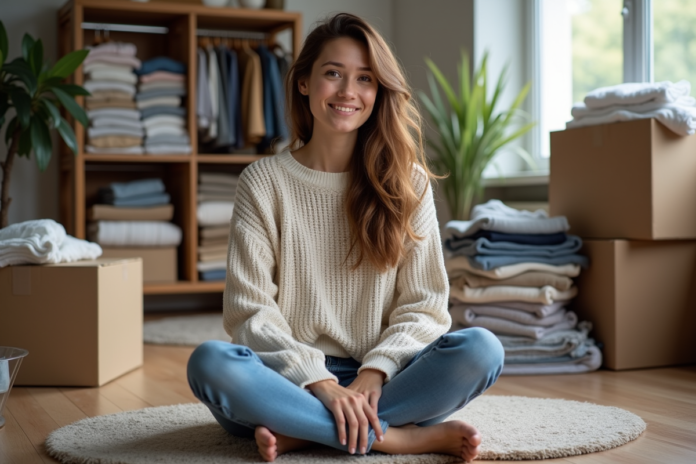 Femme assise sur le sol avec des vêtements organisés