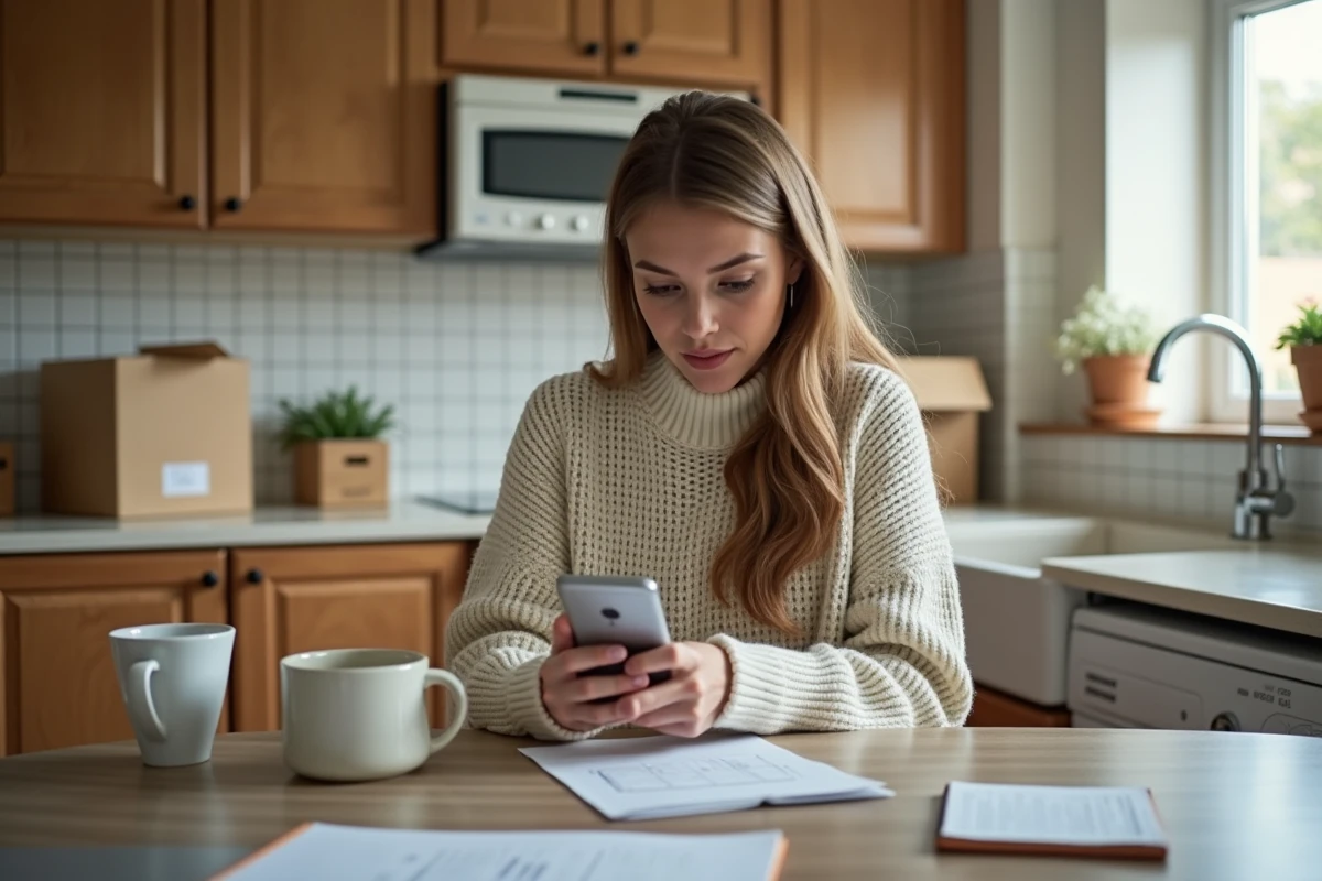 Jeune femme planifiant son déménagement avec son smartphone