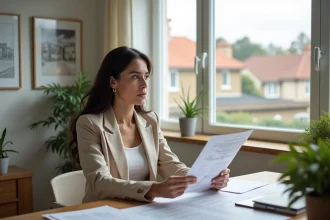 Femme tenant des papiers de permis de construire dans un bureau lumineux
