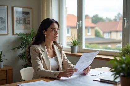 Femme tenant des papiers de permis de construire dans un bureau lumineux
