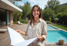 Femme souriante déployant un plan de construction près d'une piscine moderne