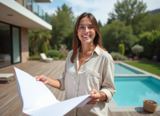 Terrasse piscine : les meilleurs moments pour la construire ! Femme souriante déployant un plan de construction près d'une piscine moderne