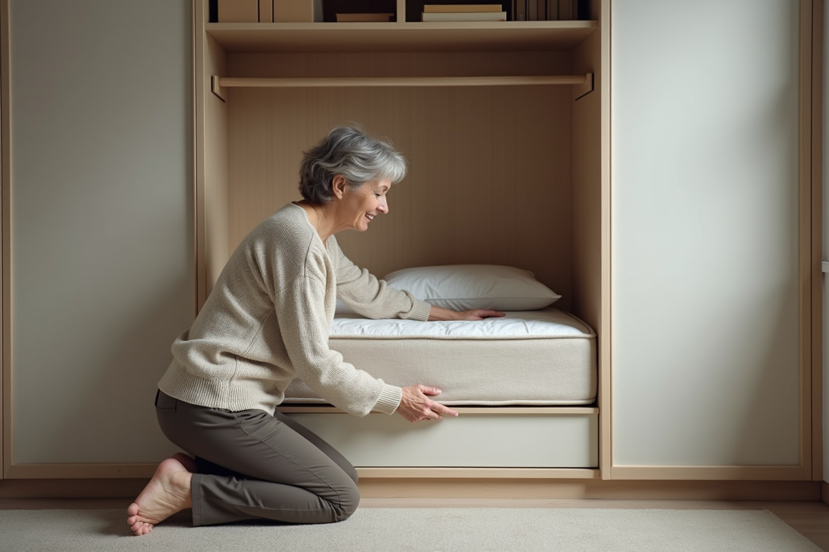 Femme plie un matelas dans un placard pratique