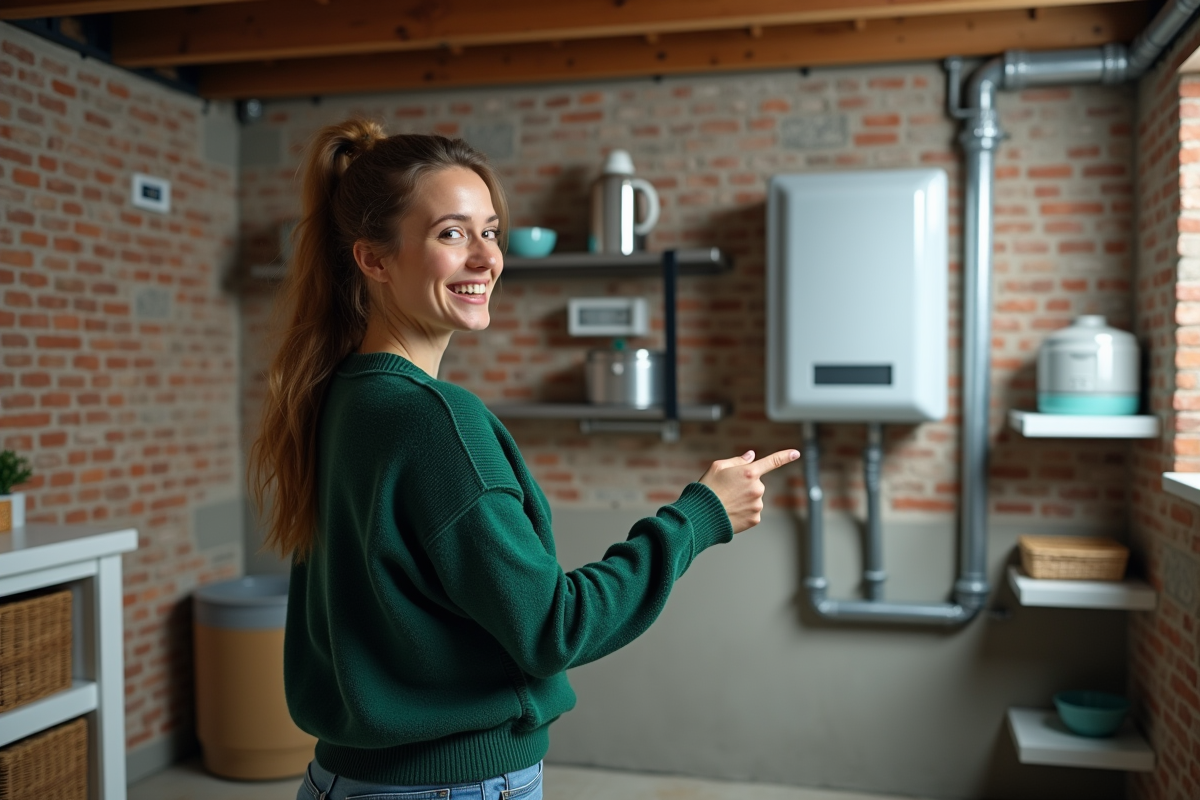 Jeune femme souriante pointant un système de ventilation dans une buanderie