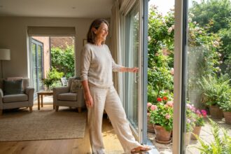 Femme souriante ouvre un grand portail en or en intérieur