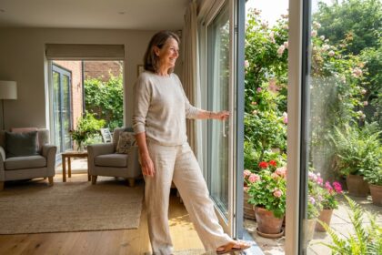 Femme souriante ouvre un grand portail en or en intérieur