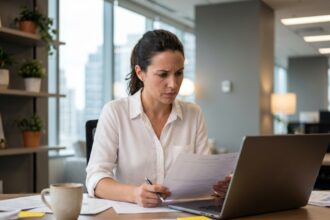 Femme professionnelle analysant des documents sur un bureau en bois dans un open space moderne