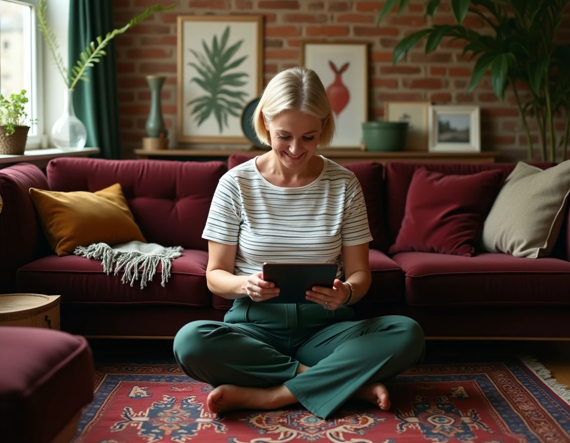 Femme assise sur un canapé velours vintage répondant à un quiz en ligne pour découvrir son style de décoration intérieure