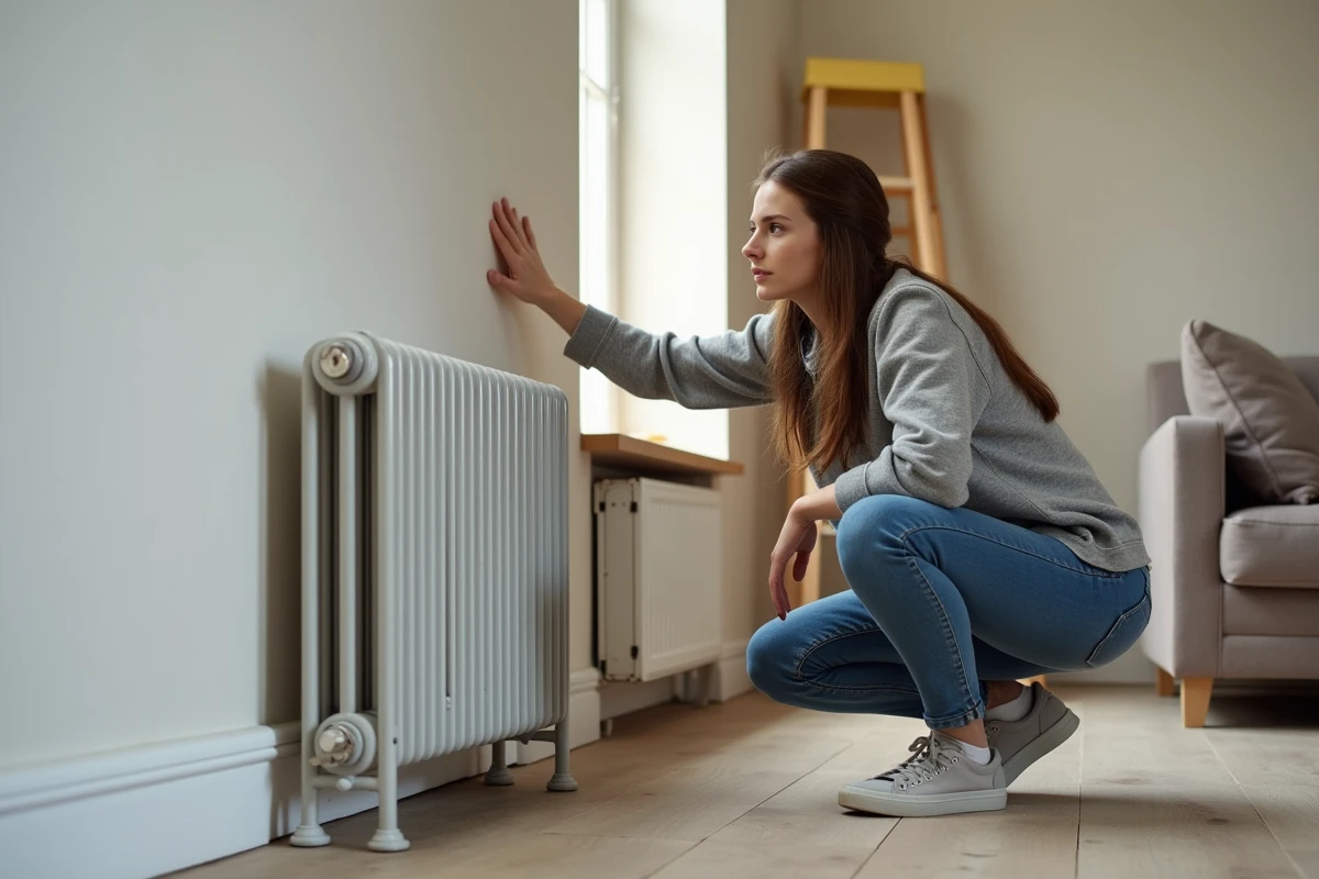 Jeune femme vérifiant un radiateur dans un salon moderne