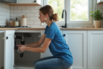 Femme examine tuyaux dans cuisine moderne