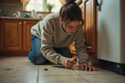 Femme curieuse cherchant un insecte dans la cuisine