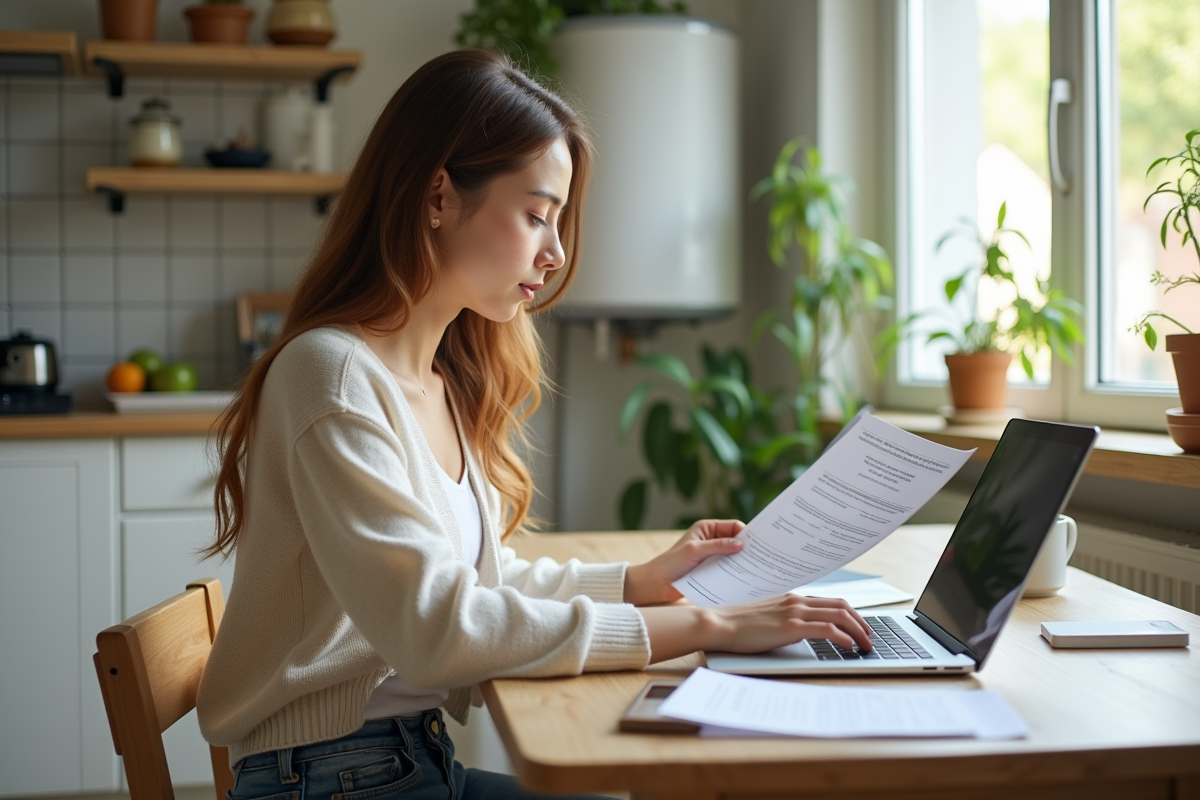Jeune femme étudiant des documents sur les subventions écologiques