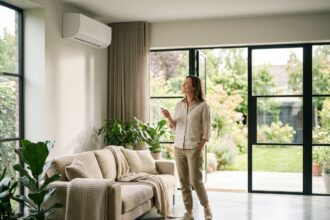Femme ajustant la télécommande d'une climatisation réversible dans un salon moderne avec sol en béton poli