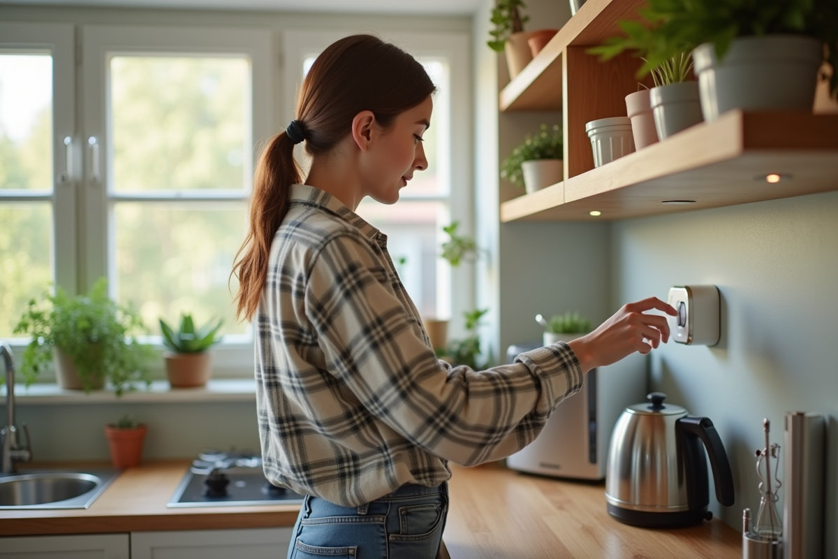 Jeune femme ajustant le thermostat d