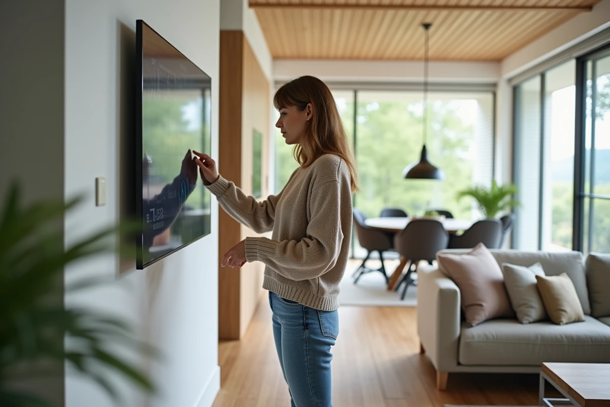 Femme interagissant avec un mur tactile dans un salon moderne