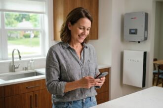 Femme souriante utilisant une application smartphone dans cuisine moderne