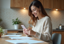 Économisez sur les frais de mise en service EDF : astuces pratiques à connaître Jeune femme souriante dans sa cuisine avec smartphone et papiers