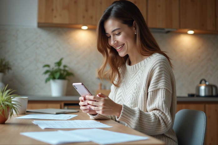 Jeune femme souriante dans sa cuisine avec smartphone et papiers