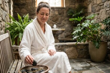 Femme en robe blanche dans un spa relaxant avec pierres aromatiques