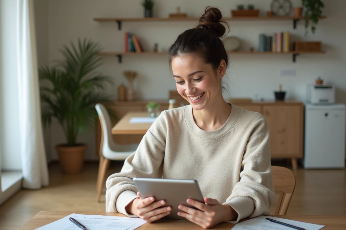 Femme souriante utilisant une tablette pour comparer devis maison