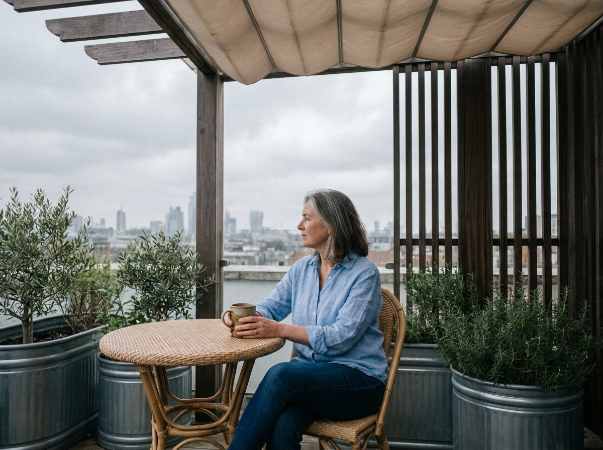 Femme attablée sur une terrasse de toit avec pergola et store imperméable par temps nuageux en ville
