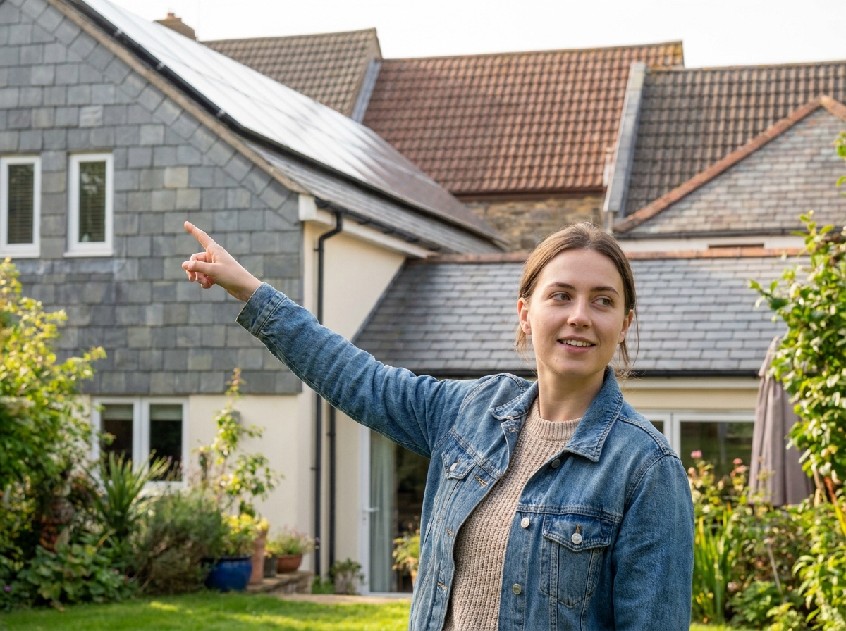 Jeune femme regardant et pointant les panneaux solaires sur le toit