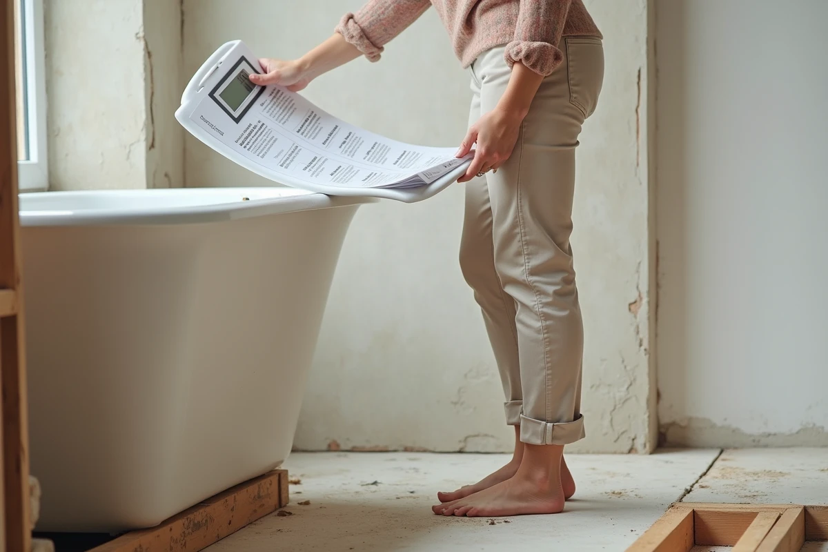 Femme vérifiant le sol avec une balance dans une salle de bain