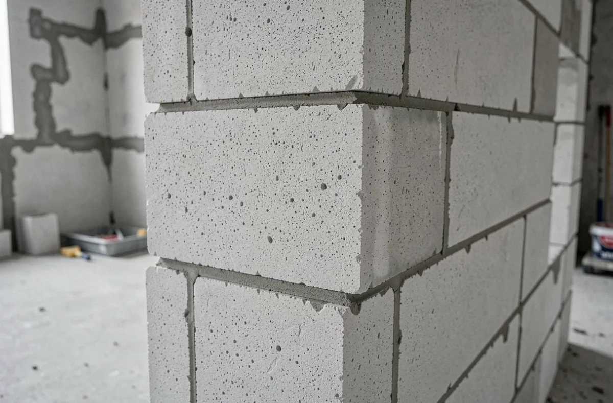 Gros plan sur des blocs de béton cellulaire dans un mur porteur avec joints de mortier fins