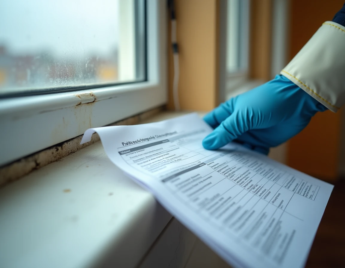 Gros plan sur une mousse expansive non conforme autour d'un encadrement de fenêtre avec fiche de contrôle réglementaire