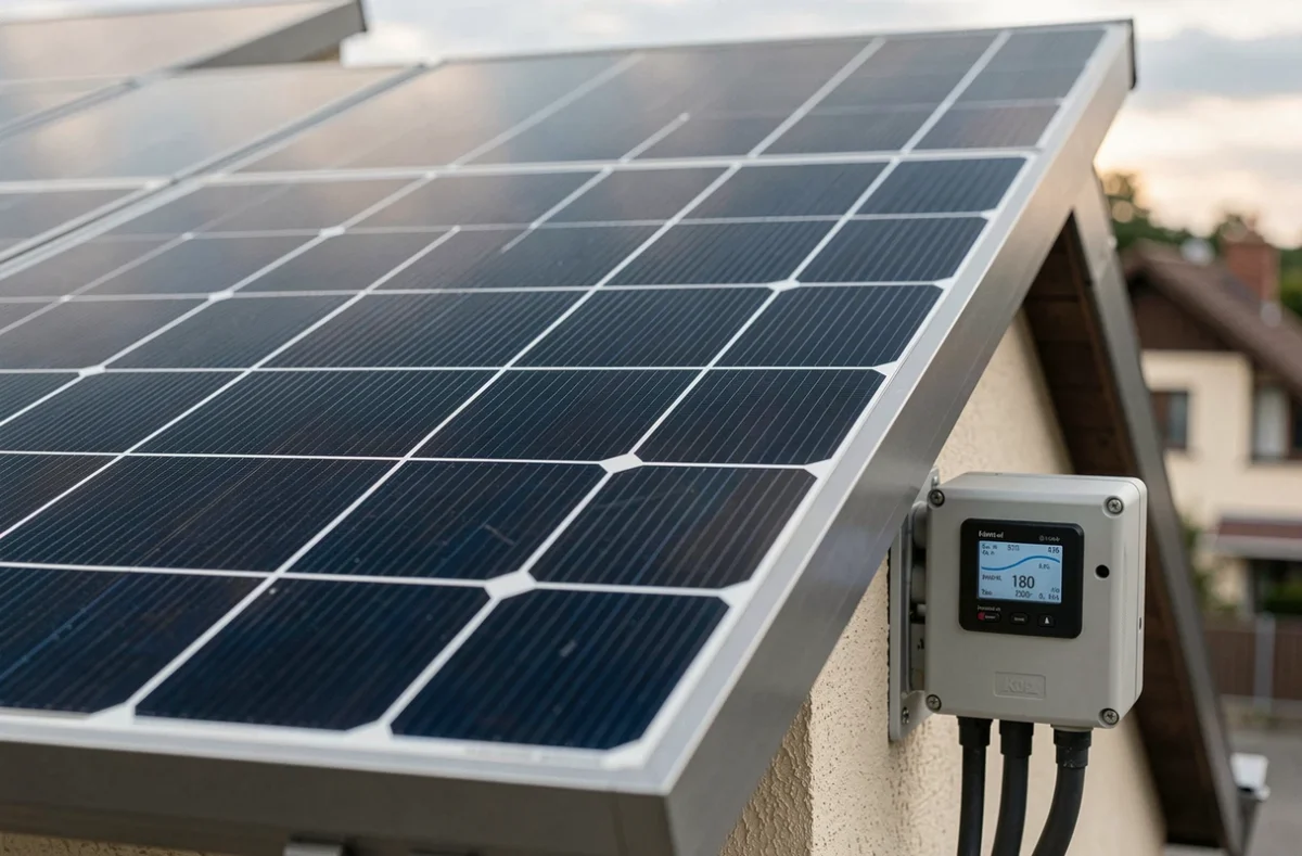 Gros plan sur la surface d'un panneau solaire monocristallin et l'onduleur de production sur un toit