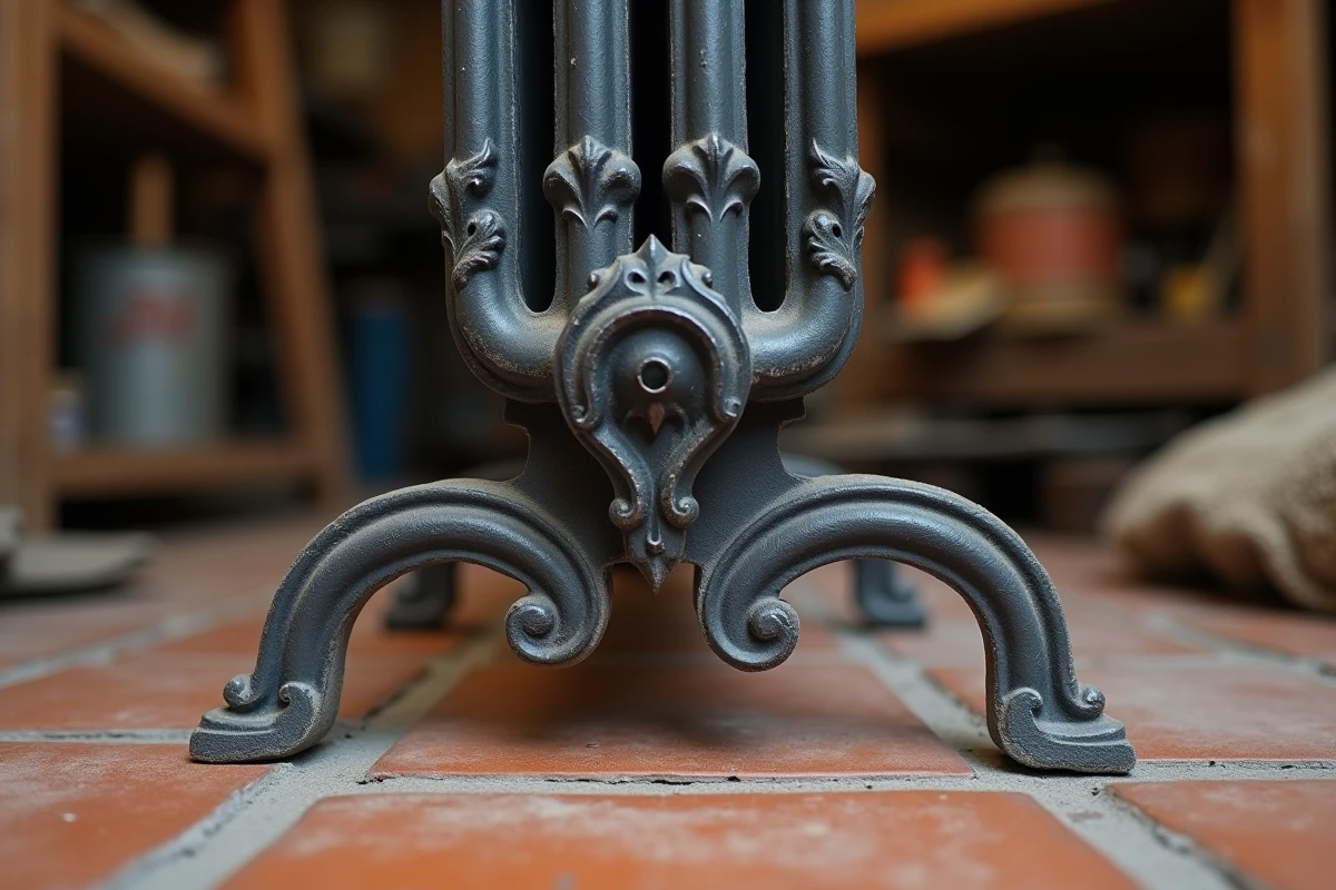 Gros plan sur des pieds de radiateur fonte ancienne restaurés en atelier, texture fer et sol en tomette