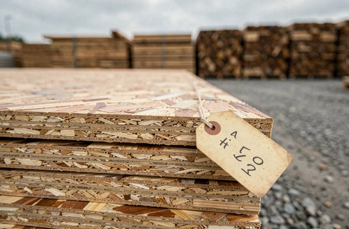 Gros plan sur des plaques OSB empilées avec une étiquette de prix dans un entrepôt de matériaux