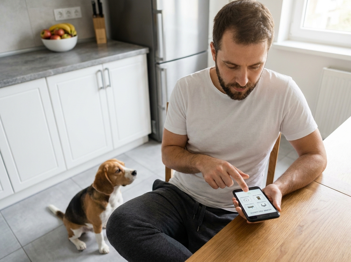 Homme consultant une application de sécurité sur smartphone avec son beagle dans une cuisine moderne