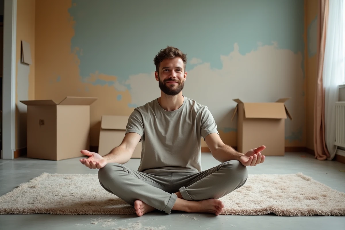Jeune homme dans une pièce en travaux avec matériaux de bricolage et tapis coloré