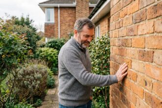 Homme d'âge moyen examine un mur en briques en extérieur