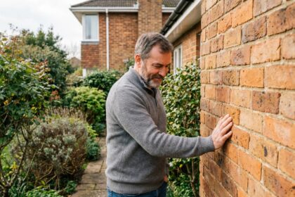 Homme d'âge moyen examine un mur en briques en extérieur