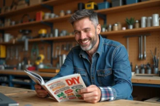 Homme en denim souriant avec magazine diy dans un atelier