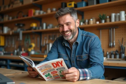 Homme en denim souriant avec magazine diy dans un atelier