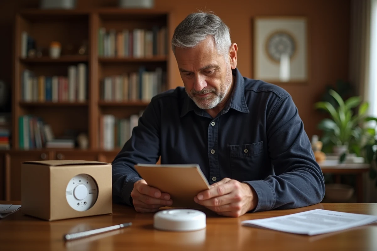 Homme comparant des modèles de détecteurs de fumée fiables avant installation à domicile