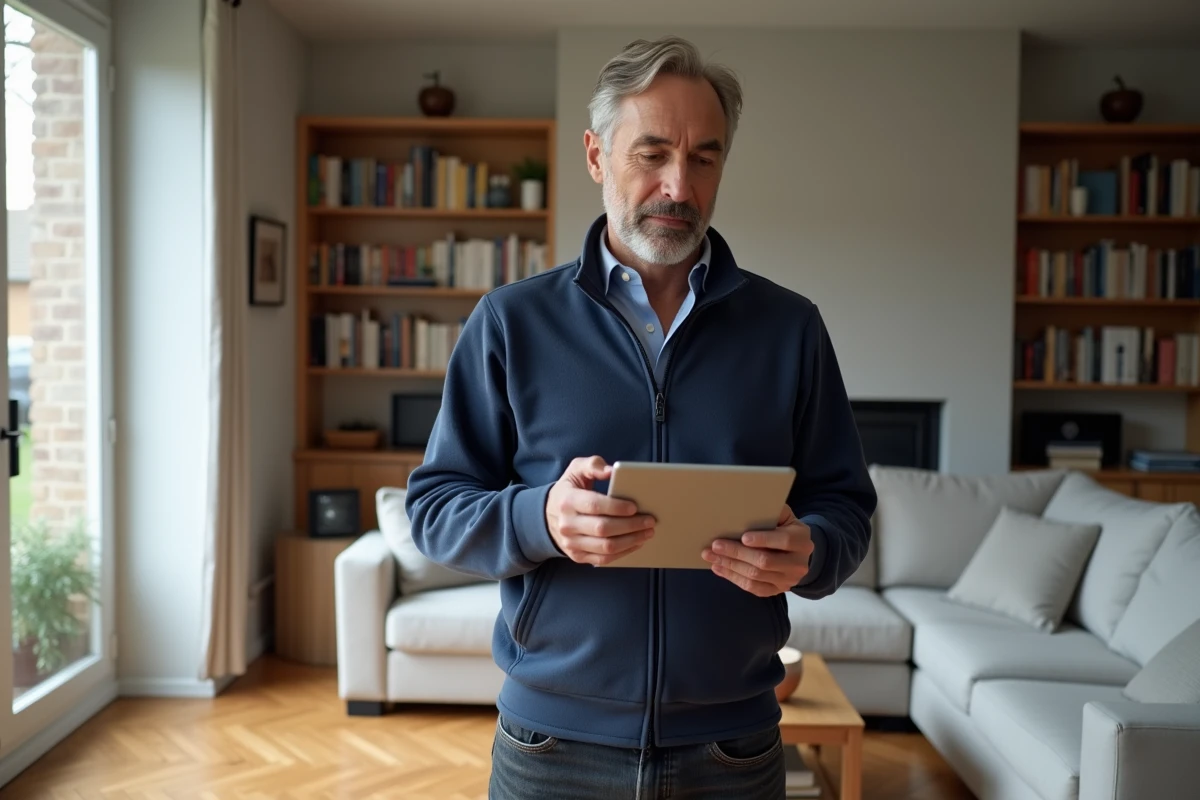 Homme comparant les offres d'assurance habitation sur une tablette dans son salon