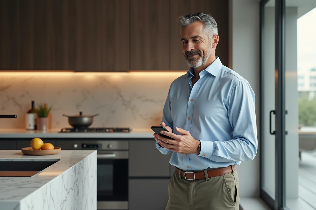 Homme utilisant un smartphone dans une cuisine équipée de smart appliances