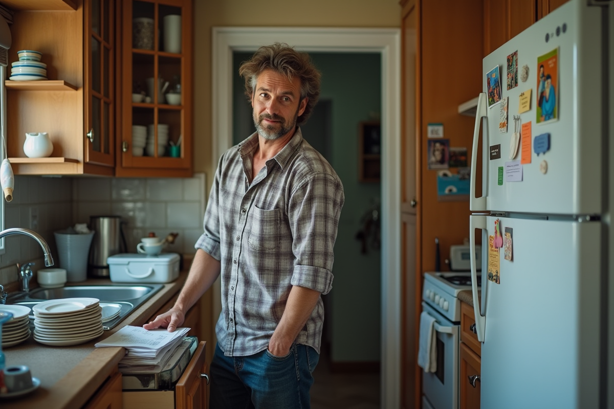 Homme dans une cuisine encombrée cherchant quelque chose