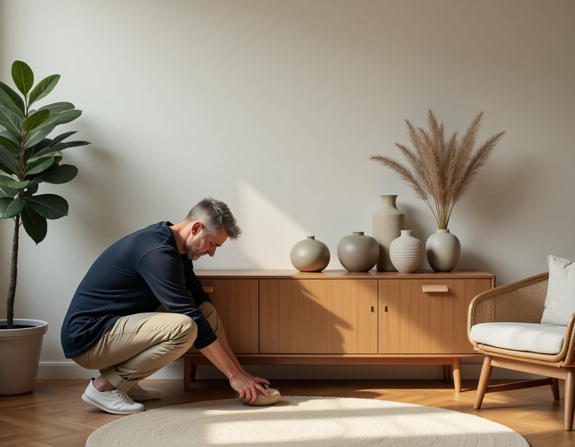 Homme arrangeant des objets décoratifs sur un meuble en chêne dans un salon scandinave pour définir son style d'intérieur