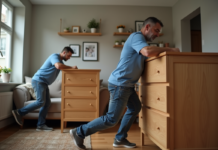 Déplacer des meubles lourds: techniques et conseils pour éviter les blessures Homme d'âge moyen poussant un meuble en bois dans un salon