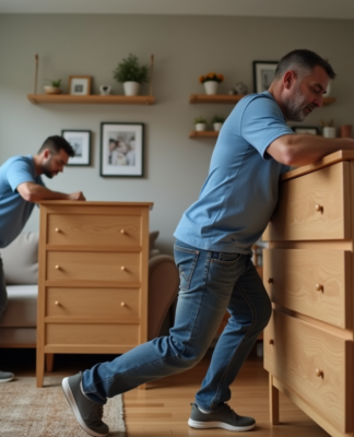 Homme d'âge moyen poussant un meuble en bois dans un salon